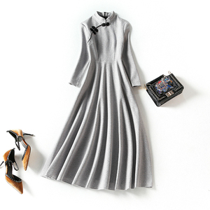 灰色旗袍新款改良文艺修身连衣裙中长中国风优雅少女气质时尚秋冬