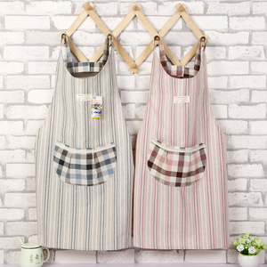 日式加厚棉麻布艺格子围裙 居家厨房清洁可爱韩版罩衣店服工作服