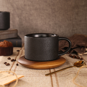 欧式轻奢陶瓷咖啡杯配底座黑色磨砂马克杯配勺简约创意咖啡厅杯子