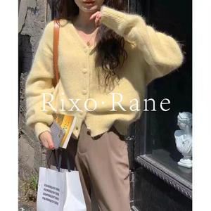 法国Rixo Rane巨舒适⭐黄色浣熊绒v领针织开衫女软糯羊绒毛衣外套