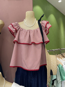 十三行夏装女新款韩系气质娃娃衫衬衣小清新红色格子宽松短袖衬衫