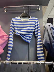 韩国东大门夏装新款小个子修身显瘦上衣短款条纹圆领长袖t恤女士