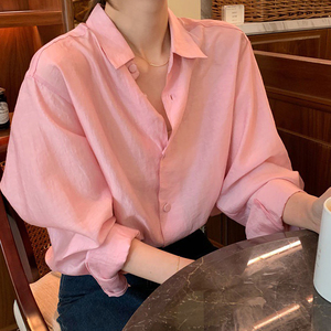韩国东大门春装新款女装休闲宽松翻领长袖粉色衬衣设计感衬衫上衣
