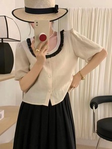 韩国东大门夏装新款法式蕾丝花边圆领气质衬衫西装小个子上衣女士