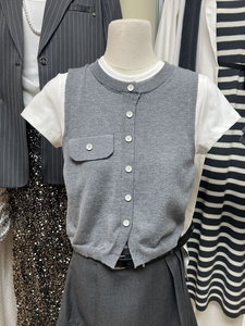 十三行夏季女新款设计感小众圆领短袖拼接假两件撞色针织开衫上衣
