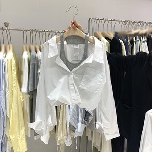 韩国东大门春装新款设计感小众吊带拼接露肩假两件短款衬衫女上衣