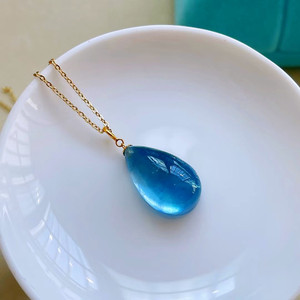 天然水晶冰种海蓝宝水滴型吊坠项链毛衣链18k金扣头镶嵌 包邮