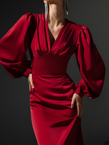 2023法式鱼尾高级感缎面灯笼长袖红色高腰连衣裙气质中长款礼服裙