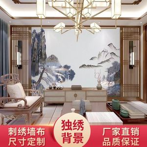 独绣墙布高端刺绣壁布无缝高档电视背景墙新中式山水客厅绣花整幅