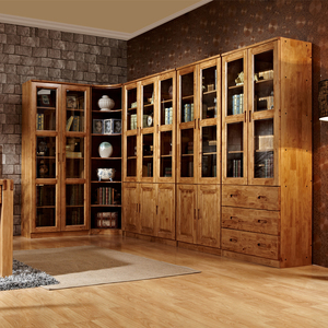 实木书柜简约现代书架整面大书橱玻璃门柏木转角储物柜新中式家具
