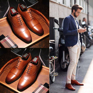 英伦三接头正装皮鞋男尖头棕色真皮牛津鞋固特异手工商务休闲男鞋
