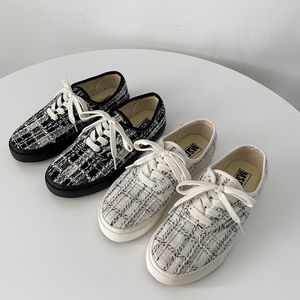 乔万斯小香风粗花呢子编织帆布鞋女低帮era网红白色板鞋超火淑女