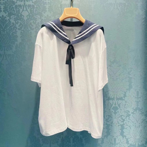 miu家白色短袖t恤海军领宽松纯棉体恤衫少女甜美上衣2021夏季新款