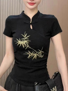 新中式国风黑色盘扣短袖T恤2024夏季大码胖mm高级感镂空修身上衣