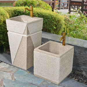 室外石头洗手盆落地庭院水池台盆一体户外石材水槽花园立柱洗手池