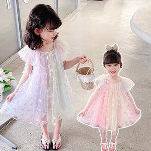韩国幼儿夏装新款2023洋气星空圆领短袖连衣裙公主裙蓬蓬纱裙小童