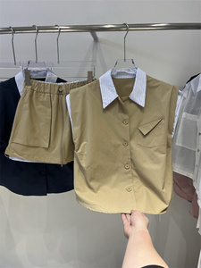 夏季新款韩版设计复古甜酷假两件条纹拼接衬衫短袖高腰短裙套装女
