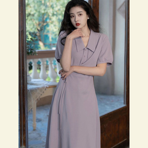 法式复古气质职业衬衫长裙宽松显瘦香芋紫色短袖雪纺连衣裙夏季女