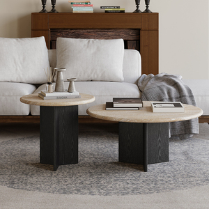侘寂风洞石茶几大小圆形组合客厅沙发实木边几角几现代简约小户型