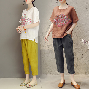 61紫要旗舰店天猫棉麻套装女两件套2022夏民族风遮肚子显瘦亚麻中长