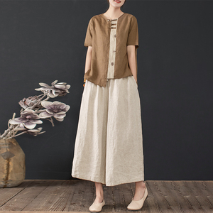 棉麻套装女夏装阔腿裤亚麻两件套时尚女士夏季妈妈复古民族风女装