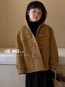 现波拉韩国童装2023冬季新款男女童羊角扣连帽亲子双面羊绒大衣