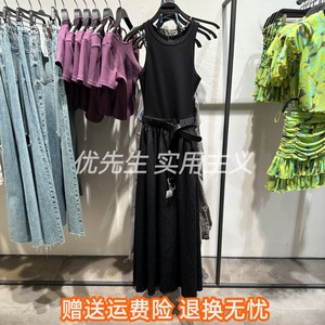SH&UR2024春夏新款气质显瘦拼接无袖腰带收腰黑色连衣裙