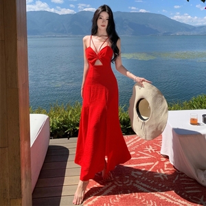 性感露背交叉夏威夷度假红裙吊带抹胸连衣裙海边沙滩裙长裙飘逸