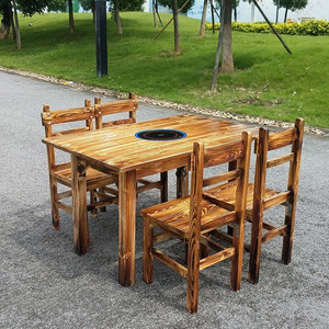 碳化实木火锅桌酒店农家乐饭店烧烤大排档小方桌炭烧火烧桌椅组合