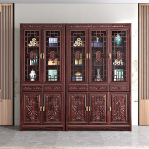 新中式实木书柜红木现代古典家用书房一体整墙带玻璃门储物柜书架