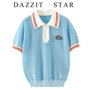 乌丫播芬2021夏装新款时尚减龄花瓣钩针透气针织衫polo衫薄t恤女