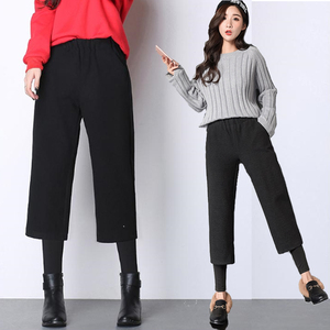 靴裤女秋冬七分毛呢阔腿假两件加绒休闲裤子显瘦百搭小个子九分裤