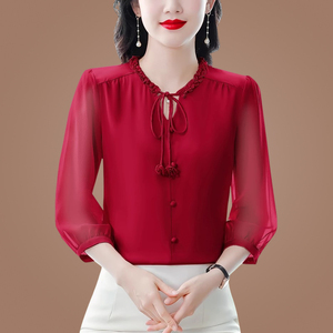 本命年红色真丝衬衫女上衣小衫中袖七分袖气质高端大牌时尚洋气