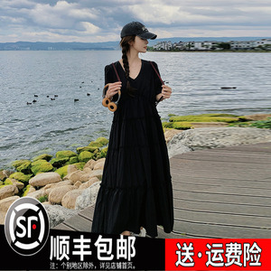 时尚黑色法式连衣裙女夏季2024新款宽松显瘦高级感洋气大裙摆裙子