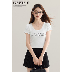 Forever21 白色蕾丝花边短袖T恤女白色蝴蝶结字母印花修身短上衣