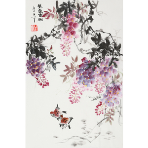 王小丫二尺手绘国画花鸟紫气吉利条幅精品办公室装饰收藏赠送包装