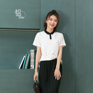 【yun】韫2022夏季新款女装小翻领拼色条纹通勤宽松休闲短袖t恤