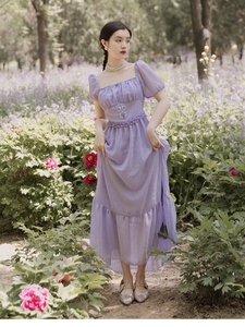 迪士尼在逃公主连衣裙子仙女成年甜美穿搭复古方领高腰童话风长裙