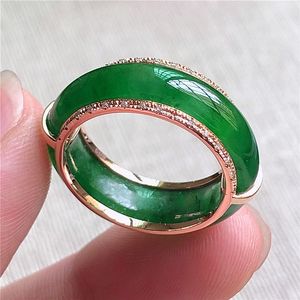 a货18k金伴钻镶嵌翡翠戒指女款18mm缅甸老坑天然玉石指环17号戒圈