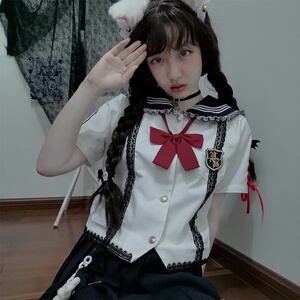 原创【黑童话】白绀不良jk制服暗黑蕾丝可爱病娇幼稚园水手服短袖