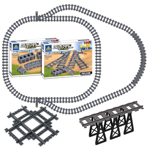开智电动火车轨道配件双交叉十字铁轨高架桥梁小颗粒城市拼装玩具
