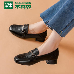 木林森粗跟乐福鞋女2021春秋新款真皮方头休闲一脚蹬单鞋女小皮鞋