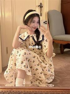 韩国苹果小熊纯棉睡裙女中长款夏季纱布短袖睡衣可爱家居服套装