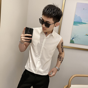 夏天网红精神小伙无袖衬衫男砍袖发型师翻领紧身夜店坎肩背心衬衣