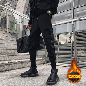 秋冬搭配马丁靴裤子男加绒加厚潮牌痞帅炸街束脚裤束腿机能工装裤