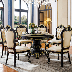 欧式大理石餐桌全实木双层圆桌美式奢华餐厅黑檀色餐桌椅组合6人