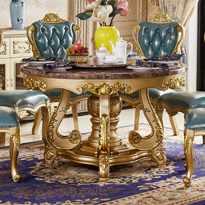 欧式圆桌大理石餐桌香槟色饭桌全实木橡木奢华家用圆形餐桌椅组合