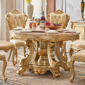 欧式实木圆桌大理石桌面带转盘餐桌椅组合餐厅香槟金雕花家用饭桌
