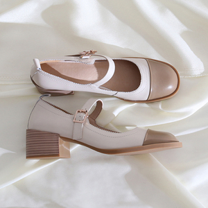 莲花府邸浅口单鞋圆头拼色一字带玛丽珍鞋时尚真皮粗跟小香风女鞋