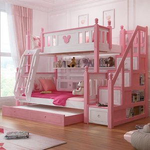 双层床成年公主床少女梦幻上下床多功能组合子母床拖床三层床粉色